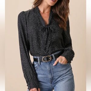 Lulus Black Button Up Polka Dot Top